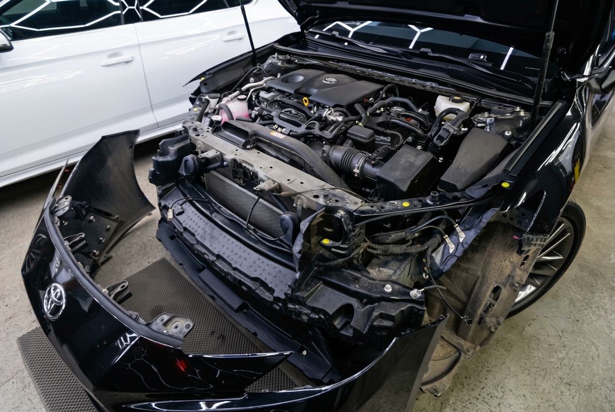 Toyota Camry XV80 со снятым передним бампером во время работы с фарами