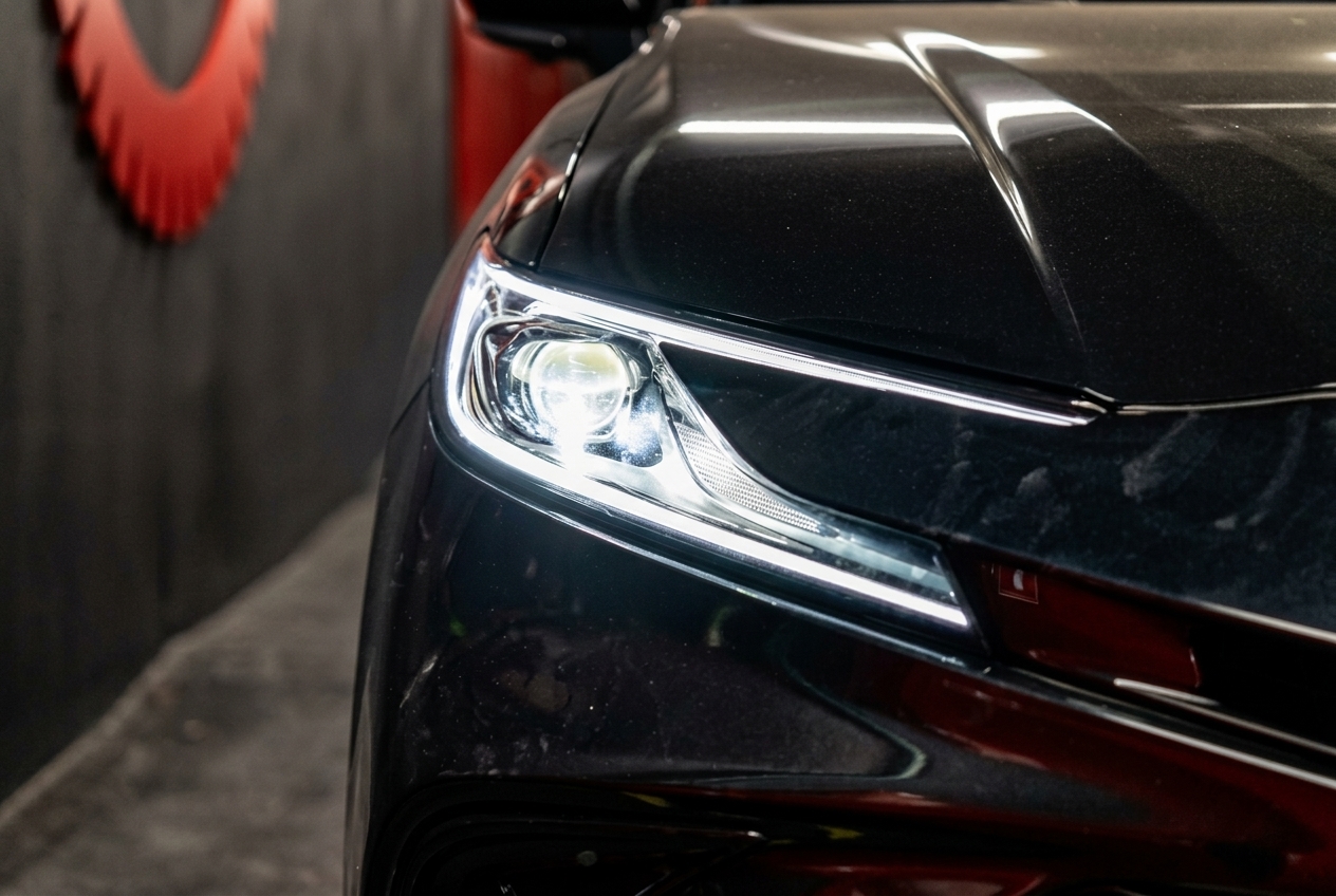 Чёрная Toyota Camry XV80 после улучшения света фар