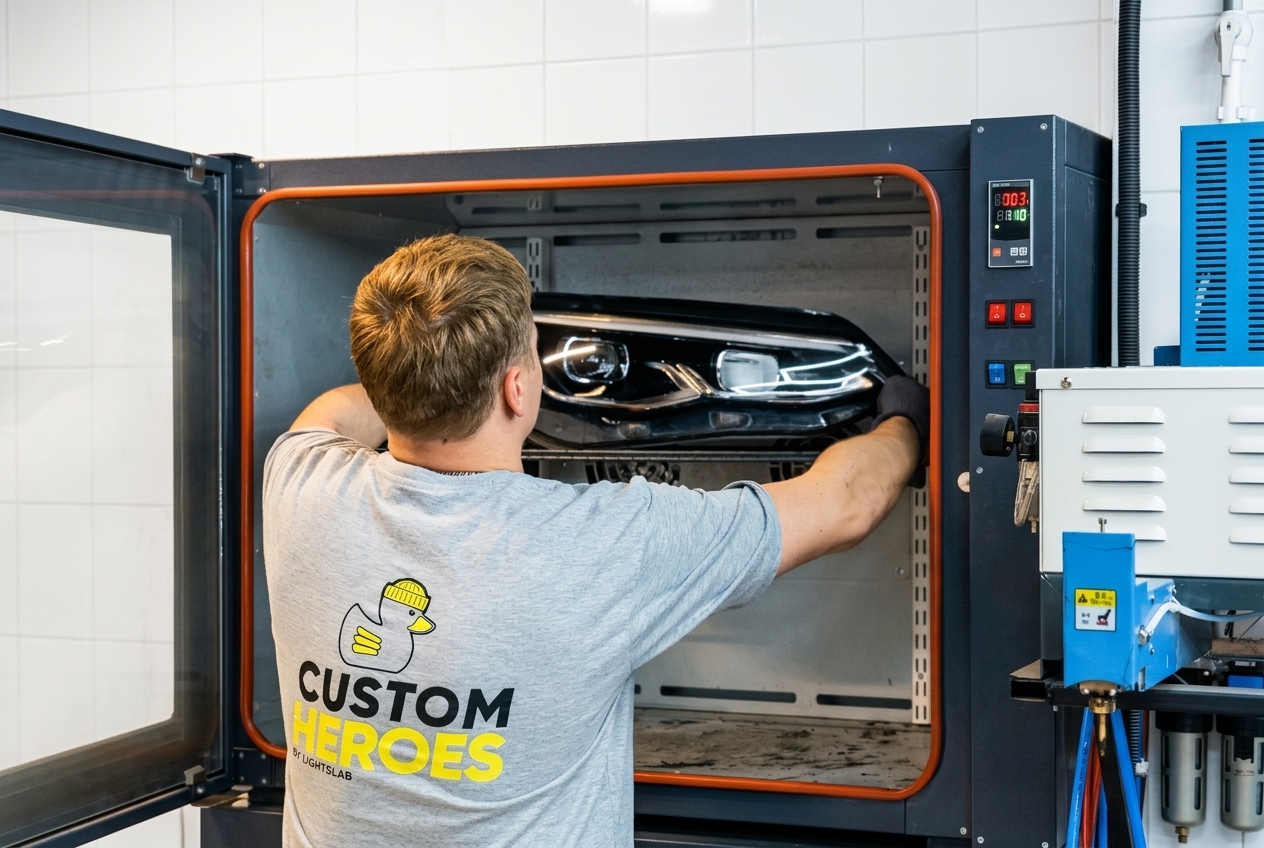 Прогрев корпуса фары Volkswagen Golf 8 R перед вскрытием