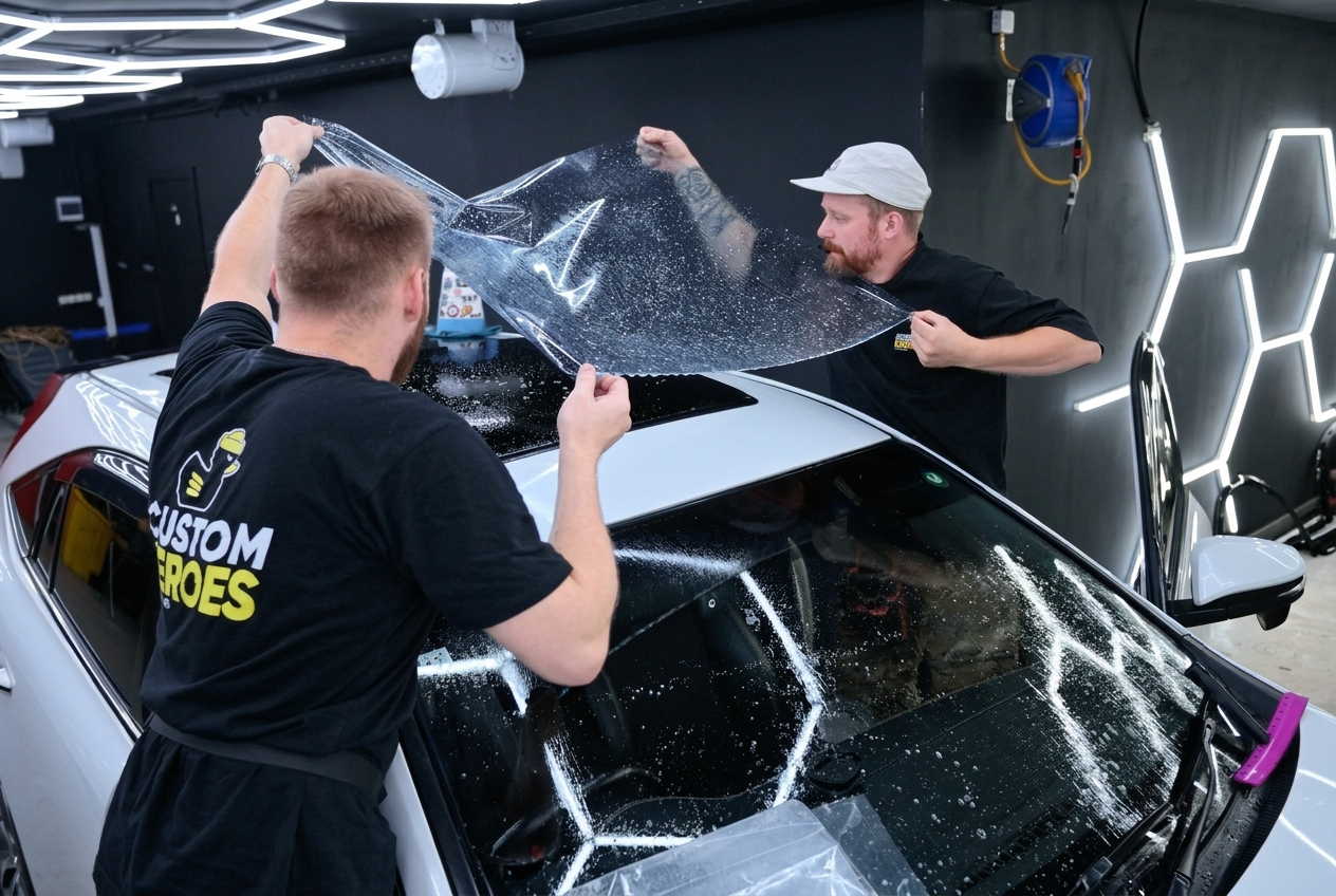 Укладка защитной плёнки на панорамную крышу Toyota Harrier
