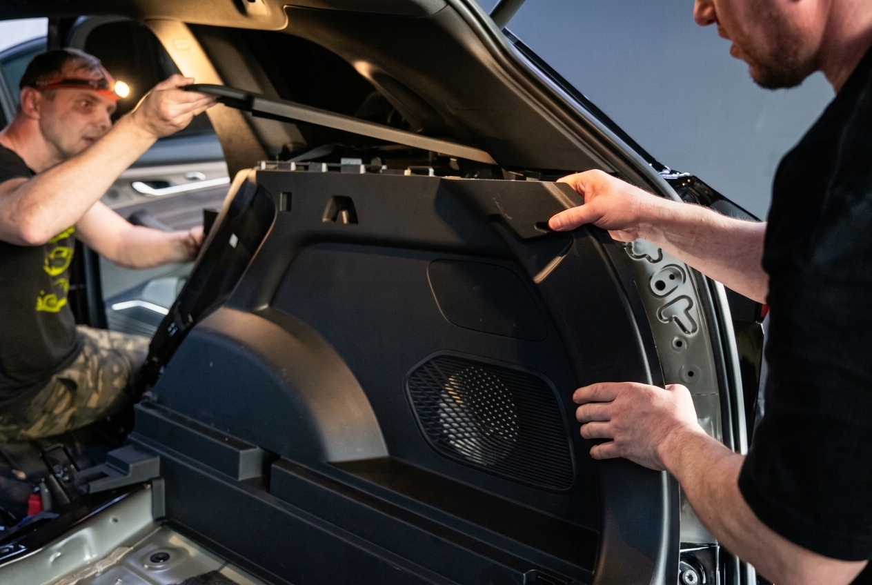 Разобранный салон Geely Monjaro перед антискрип обработкой