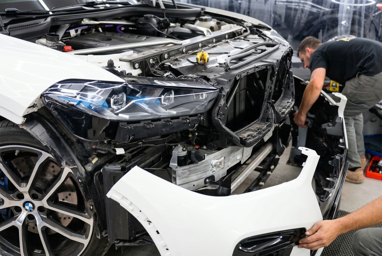Снятие переднего бампера BMW X5 G05 для работы с оптикой