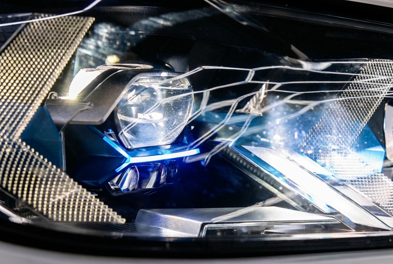 Крупный план новой линзы и синего декоративного элемента фары BMW X5 G05