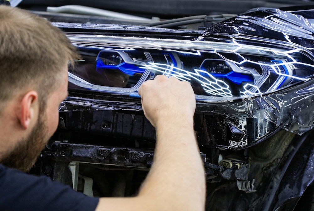 Подготовка новой фары BMW X7 к оклейке полиуретановой плёнкой