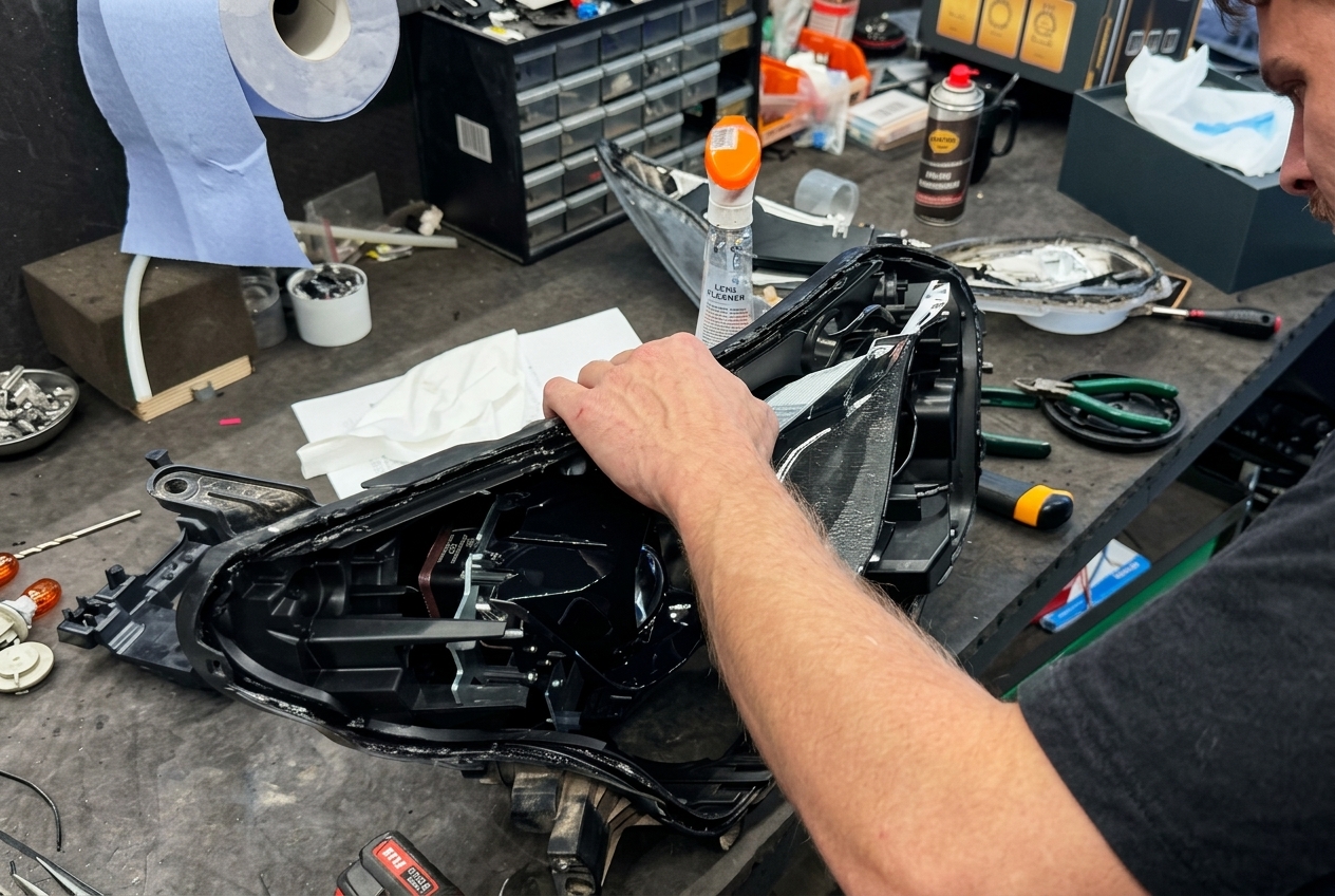 Крепление новой Bi-LED линзы в оптике Toyota RAV4